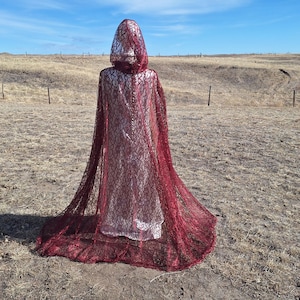 Wine Red Lace Hooded Cape Gothic Wedding Christmas Cloak Renaissance Medieval Fairytale Costume