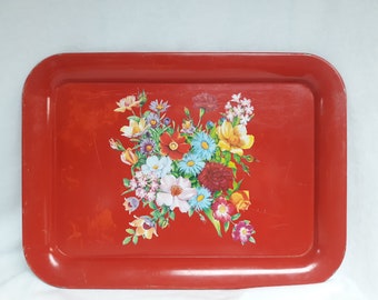 Vintage Red Floral Metal Tray Home Decor Drink Tray Teacher Gift Serving Tray Farmhouse Decor