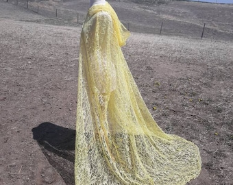 Yellow Lace Hooded Cloak Bridal Cape Renaissance Medieval Costume Wedding Handfasting Veil