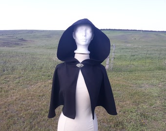 Black Wool Cape Gothic Clothing Capelet Hooded Cloak Adult Clothing Shrug Halloween Costume Cowl