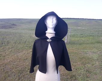 Capa de lana negra, ropa gótica, capa con capucha, ropa para adultos, encogimiento de hombros, disfraz de Halloween, capucha