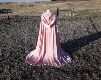 Dusty Pink Rose Satin Wedding Cloak Bridal Cape Handfasting Medieval Renaissance Clothing Fairytale Princess