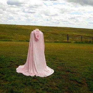 May include: A pink hooded cape with a long train, displayed outdoors on a grassy field.