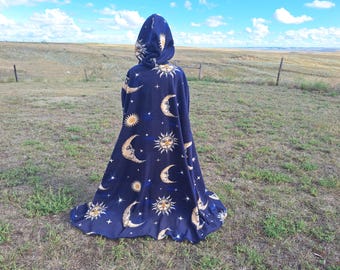 Black Stars & Moon cloak in vegan silk chiffon Celestial Fashion polyester cape with hood  dark fantasy witch wizard costume back to black