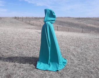 Turquoise Hooded Cloak Teal Fleece Cape Wedding Renaissance Halloween Costume Bridal Clothing Blue Green Medieval Princess