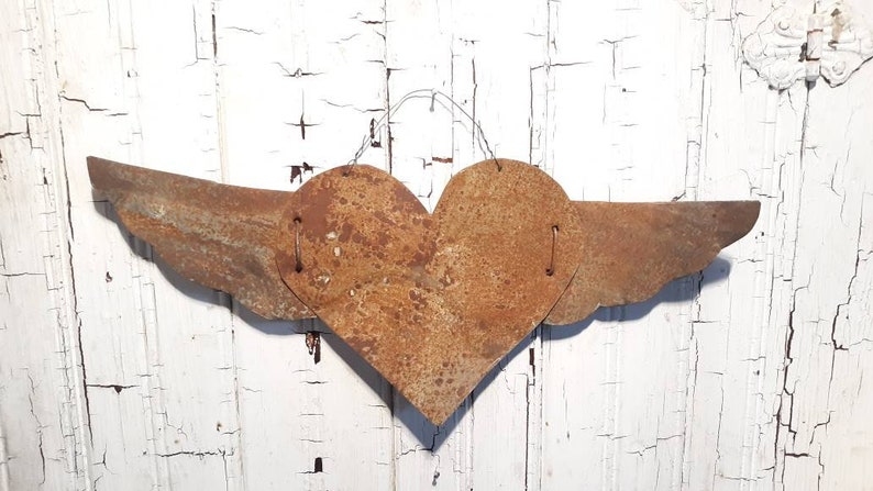 Rusty Tin Heart with Wings Antique Tin Upcycled From Barn Roof Home Decor Rustic Primitive Valentine's Day Gift Decoration image 1