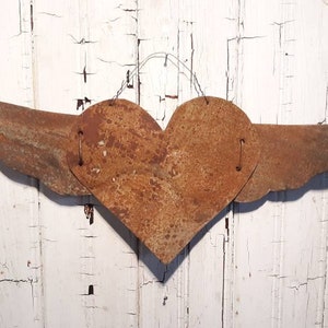 Rusty Tin Heart with Wings Antique Tin Upcycled From Barn Roof Home Decor Rustic Primitive Valentine's Day Gift Decoration image 9