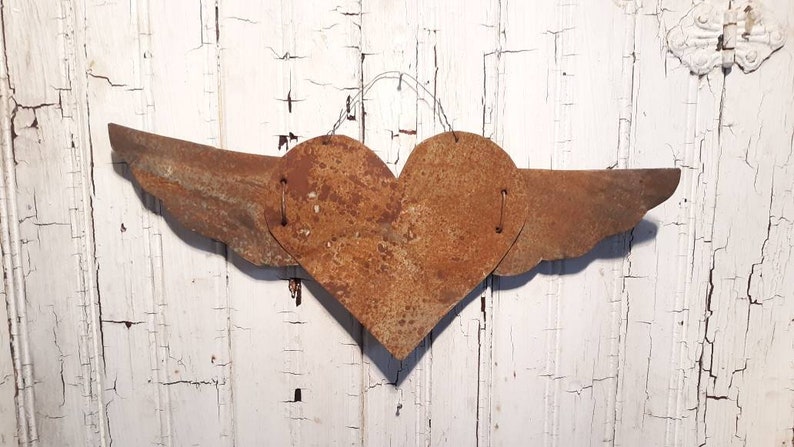 Rusty Tin Heart with Wings Antique Tin Upcycled From Barn Roof Home Decor Rustic Primitive Valentine's Day Gift Decoration image 9