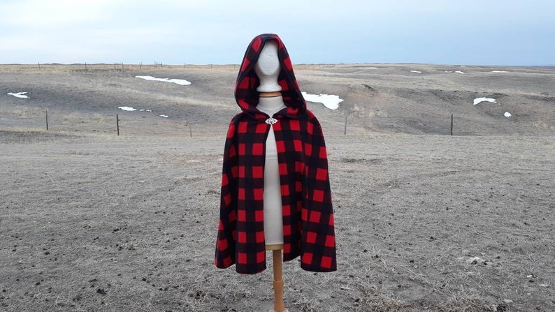 Red Buffalo Plaid Fleece Hooded Cloak Everyday Cape Adult Clothing