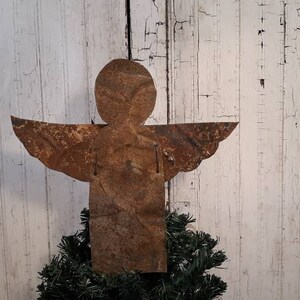 Angel Christmas Tree Topper Antique Tin Rustic Farmhouse Decor Wall Hanging Upcycled Metal Guardian Angel Rusty Country Holiday Decor image 4