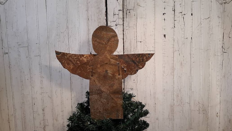 Angel Christmas Tree Topper Antique Tin Rustic Farmhouse Decor Wall Hanging Upcycled Metal Guardian Angel Rusty Country Holiday Decor image 4