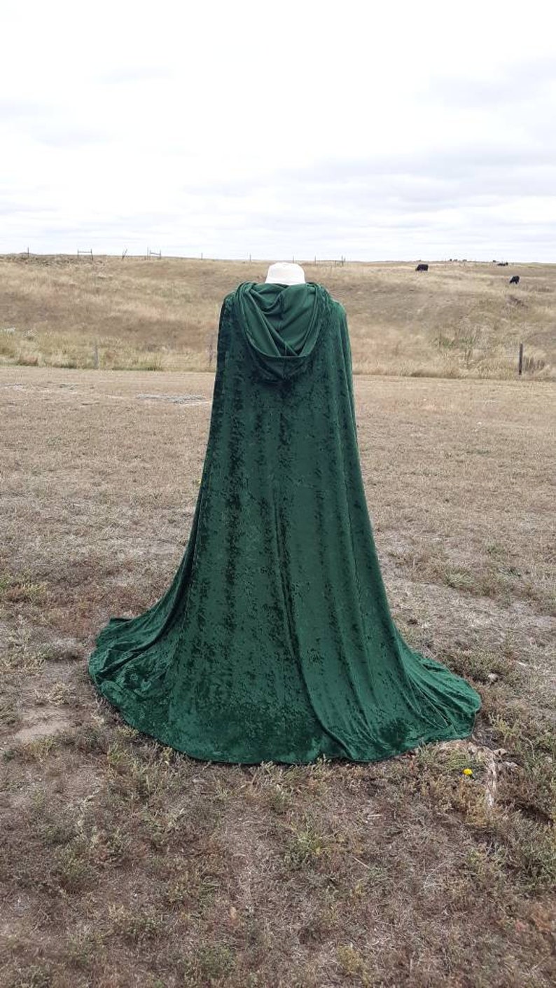 Green Velvet Cloak Hooded Halloween Cape Fairytale Woodland Renaissance Clothing Medieval Druid Cloak Wedding Bridal Cape image 4