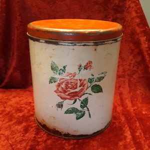 Antique Red Rose Metal Tin Canister  1950&#39;s Retro Kitchen Decor