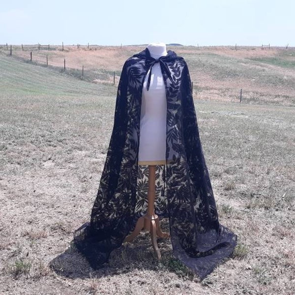 Halloween Cape Black Leaf Organza Hooded Cloak Medieval Vampire Costume Renaissance Clothing Steampunk Gothic Wedding