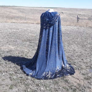 Blue Velvet Hooded Magic Cloak Halloween Adult Costume Navy Blue Trick or Treat Renaissance Festival Wedding Medieval Astrology Zodiac