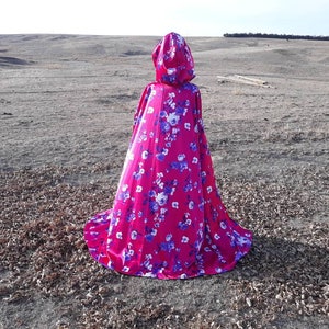 Hot Pink Floral Cloak Wedding Cape Renaissance Costume Prom Mardi Gras Bridal Cloak Halloween Costume