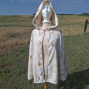 Ivory Fleece Gold Moon Stars Cape Celestial Hooded Cloak Halloween Adult Costume Magic Cape Fantasy Whimsical Renaissance Festival