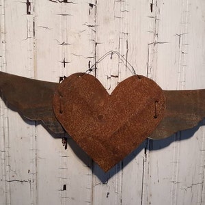 Rusty Tin Heart with Wings Antique Tin Upcycled From Barn Roof Home Decor Rustic Primitive Valentine's Day Gift Decoration image 2