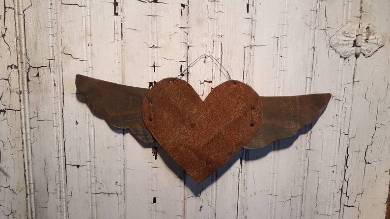 Rusty Tin Heart with Wings Antique Tin Upcycled From Barn Roof Home Decor Rustic Primitive Valentine's Day Gift Decoration image 2