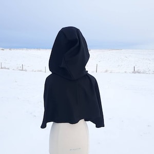 以下が含まれることがあります： 長いフードが付いた黒いフード付きケープ。ケープは柔らかく快適な生地で作られており、冬に暖かく過ごすのに最適です。