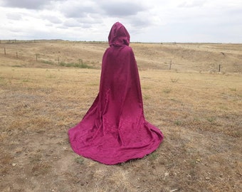 Burgundy Floral Brocade Hooded Cloak Wedding Cape Medieval Renaissance Clothing Halloween Costume Storybook Fairytale Bridal Cape