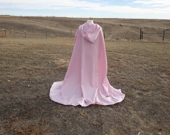 Pink Satin Hooded Cloak Bridal Cape Wedding Veil Renaissance Clothing Princess Costume