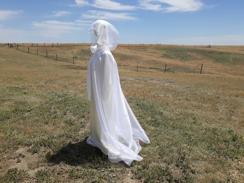 White Bridal Cloak Wedding Cape Renaissance Clothing Alternative Wedding Veil Irredescent Halloween Ghost Costume image 5