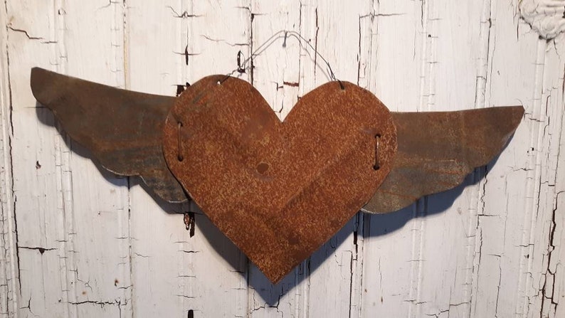 Rusty Tin Heart with Wings Antique Tin Upcycled From Barn Roof Home Decor Rustic Primitive Valentine's Day Gift Decoration image 4