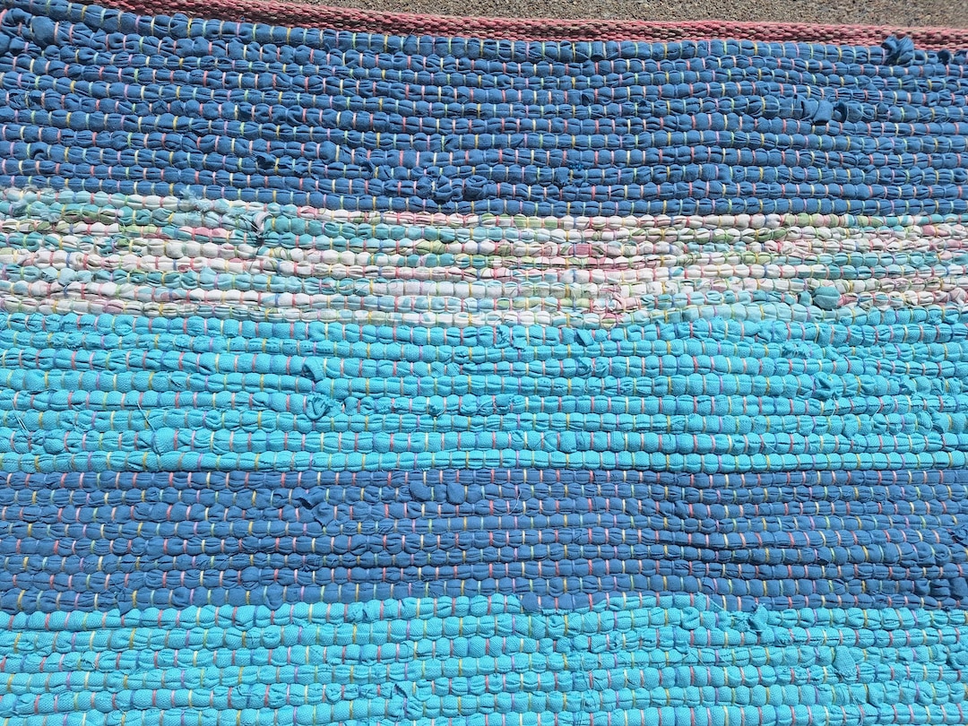 Rag Rug Turquoise Blue Handwoven Rustic Primitive Farmhouse Decor Floor ...