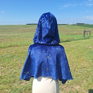 Blue Star Hooded Magic Capelet Halloween Adult Costume Blue Trick or Treat Renaissance Festival Wedding Medieval Wizard Cape