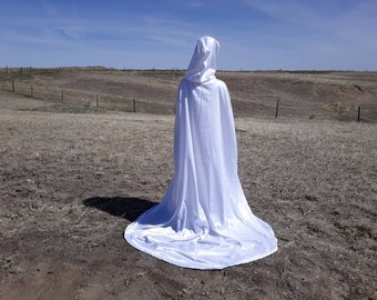 White Satin Bridal Cape Wedding Cloak Veil Handfasting Renaissance Clothing