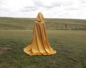 Gold Satin Hooded Halloween Cape Wedding Renaissance Festival Cleopatra Bridal Cloak Egyptian Costume Mardis Gras