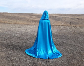 Turquoise Hooded Cloak Satin Wedding Cape Renaissance Halloween Costume Bridal Clothing Blue Green Medieval Princess Handmade Gift