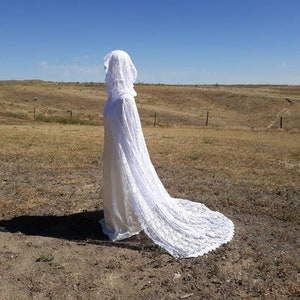White Lace Cape Hooded White Wedding Cloak Bridal Cape Lace Veil with a Long Train