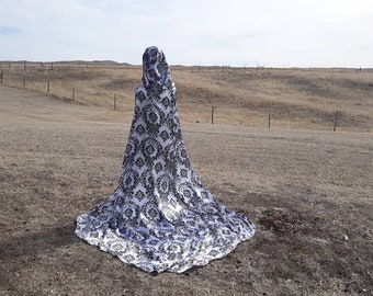 Hooded Cloak Black and White Bridal Cape Halloween Costume Medieval Wedding Renaissance Festival Prom Cape