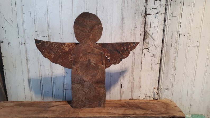 Angel Christmas Tree Topper Antique Tin Rustic Farmhouse Decor Wall Hanging Upcycled Metal Guardian Angel Rusty Country Holiday Decor image 9