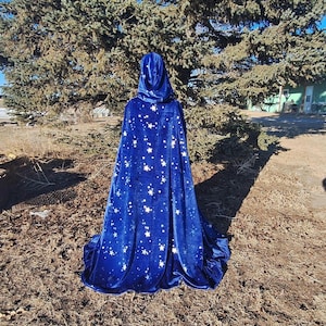 Blue Star Hooded Magic Cloak Halloween Adult Costume Blue Trick or Treat Renaissance Festival Wedding Medieval Wizard Cape
