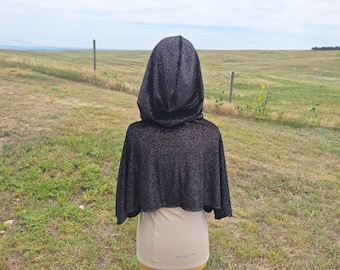 Black Velvet Hooded Capelet: Celestial Glitter Halloween Costume