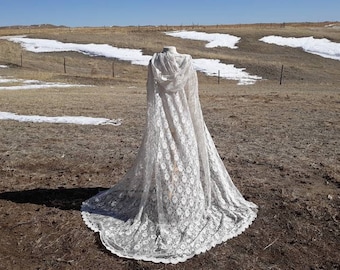 Ivory Lace Wedding Cloak with Long Train Bridal Cape Renaissance Clothing Handfasting Alternative Veil