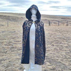 Blue Velvet Hooded Cape Halloween Adult Costume Navy Magic Cape Trick or Treat Renaissance Festival Wedding Medieval Astrology Zodiac