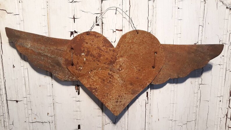 Rusty Tin Heart with Wings Antique Tin Upcycled From Barn Roof Home Decor Rustic Primitive Valentine's Day Gift Decoration image 8