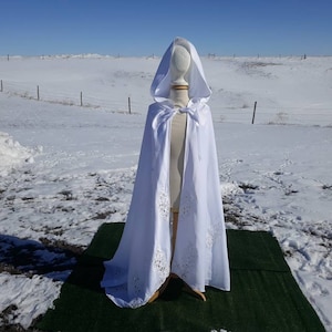White Satin Bridal Cape Beaded and Embellished Hooded Wedding Cloak Alternative Veil Upcycled from Vintage Dress Handfasting