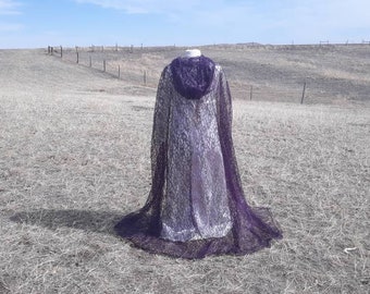 Purple Lace Wedding Veil Hooded Cloak Medieval Halloween Costume Renaissance Clothing Steampunk Gothic Cloak Blackberry Wine Cape