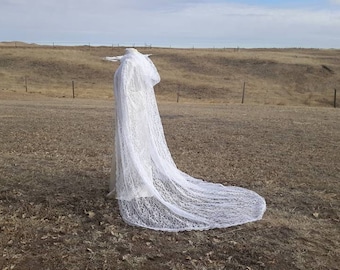 May include: A white lace bridal veil with a long train, displayed outdoors on a grassy field.