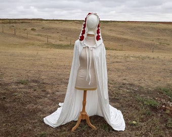 White Velvet Hooded Bridal Cape Wedding Cloak Veil with Red Roses