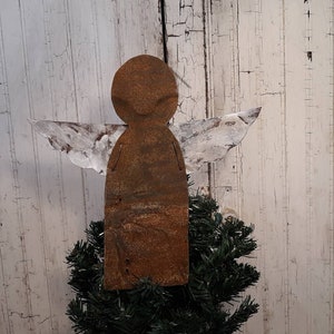 Angel Christmas Tree Topper Antique Tin Rustic Farmhouse Decor Wall Hanging Upcycled Metal Guardian Angel Rusty Country Holiday Decor image 6