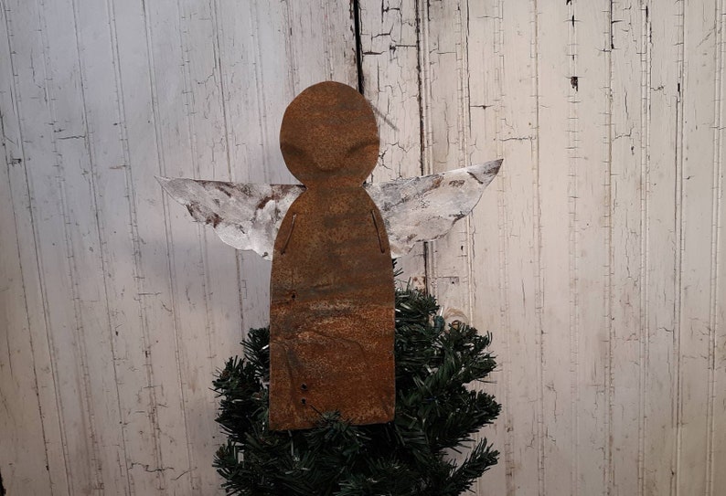 Angel Christmas Tree Topper Antique Tin Rustic Farmhouse Decor Wall Hanging Upcycled Metal Guardian Angel Rusty Country Holiday Decor image 6