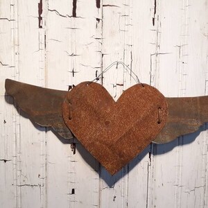 Rusty Tin Heart with Wings Antique Tin Upcycled From Barn Roof Home Decor Rustic Primitive Valentine's Day Gift Decoration image 3