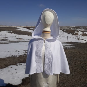 White Fleece with Lace Bridal Cape Shrug Capelet Hooded Veil Handfasting Winter Wedding