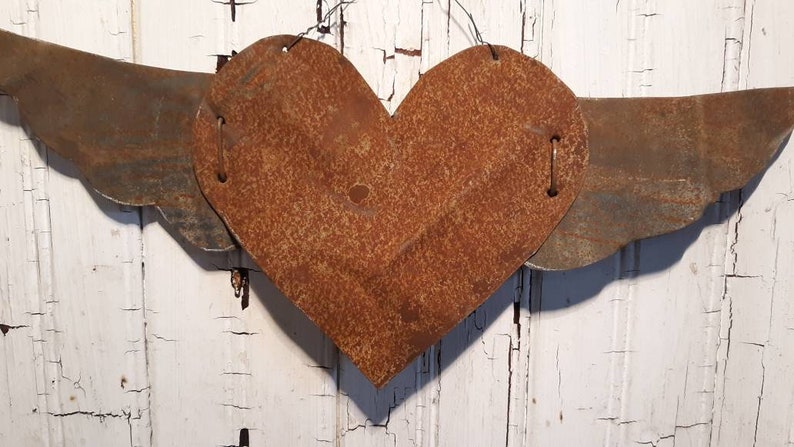 Rusty Tin Heart with Wings Antique Tin Upcycled From Barn Roof Home Decor Rustic Primitive Valentine's Day Gift Decoration image 6